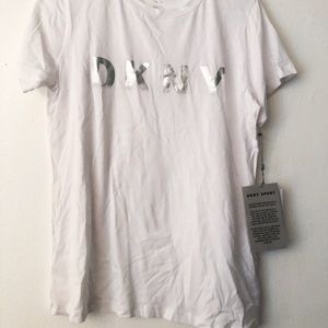 white athletic shirt w DKNY letters across front